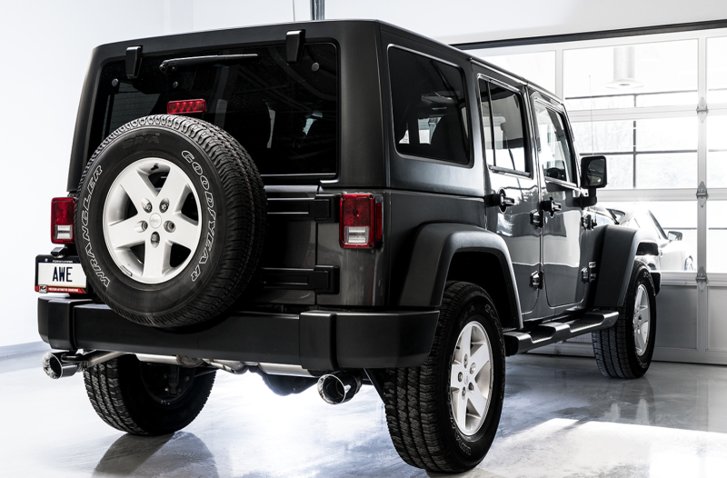 Jeep Wrangler JKU Performance Exhaust - Rear - AWE Tuning - Tread Edition, Axle-Back Dual - Chrome Silver - `07-`18